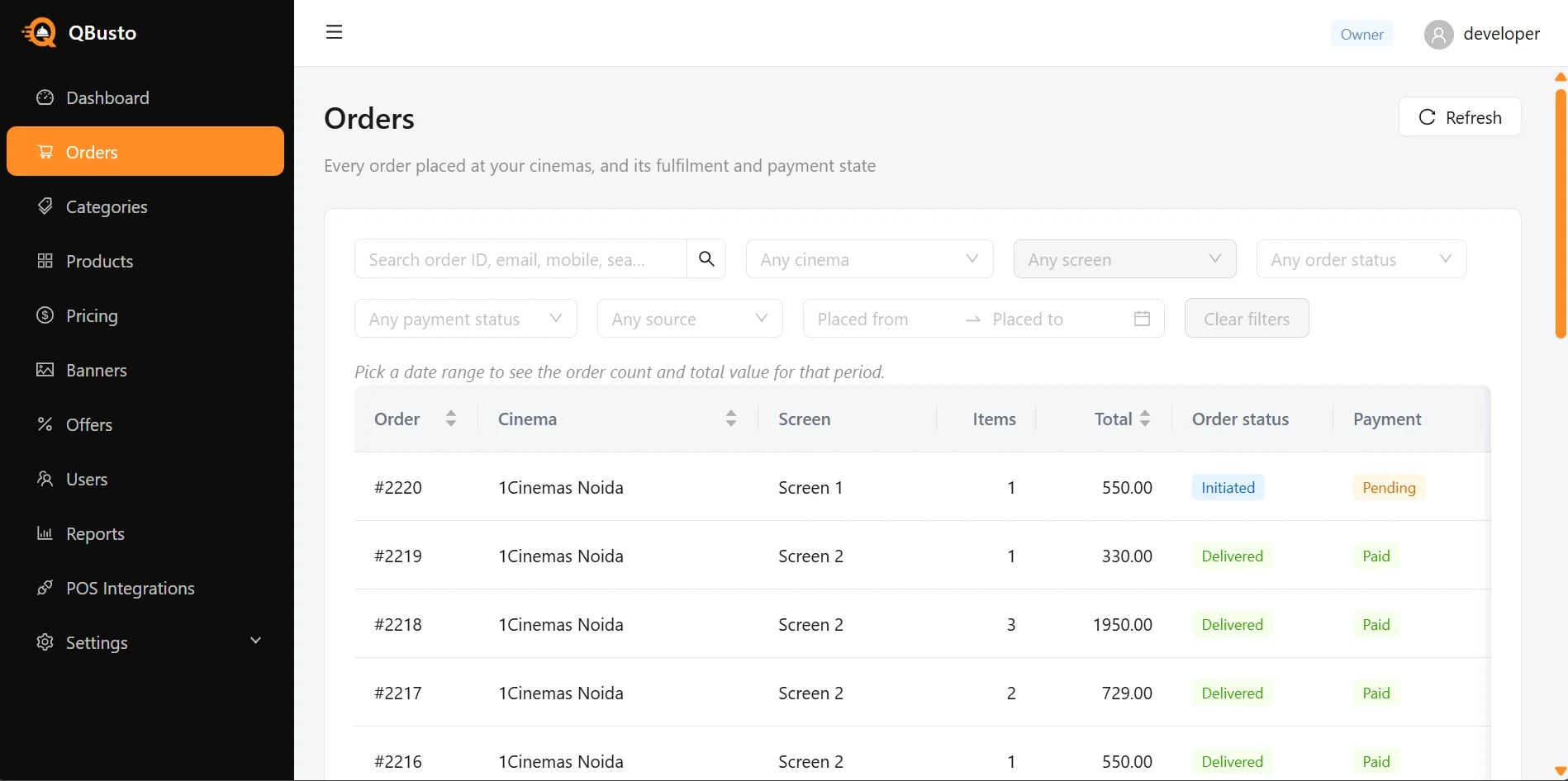 Orders with fulfilment and payment status